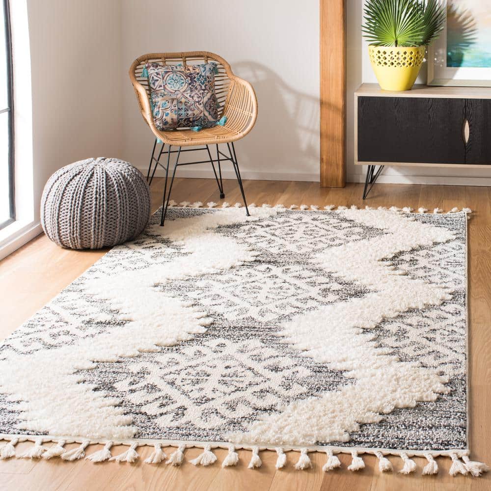 Ivory and Grey Diamond Shag Synthetic Area Rug