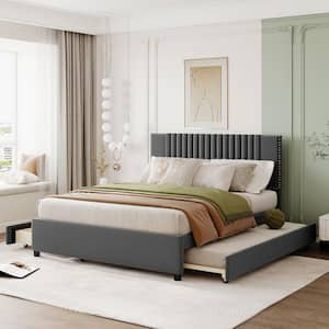 Gray Wood Frame Queen Size Upholstered Platform Bed with 2 Drawers and Twin XL Trundle