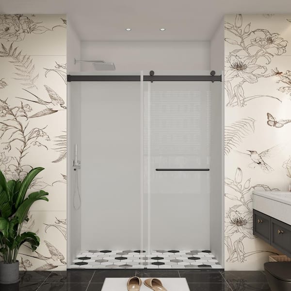 60 in. W x 72 in. H Double Sliding Frameless Bypass Bath Shower Door in Matte Black with Easy-Clean Clear Glass