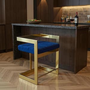 36.00 in. H Blue, Gold Counter Height Metal Bar Stool with Velvet Seat (Set of 1)