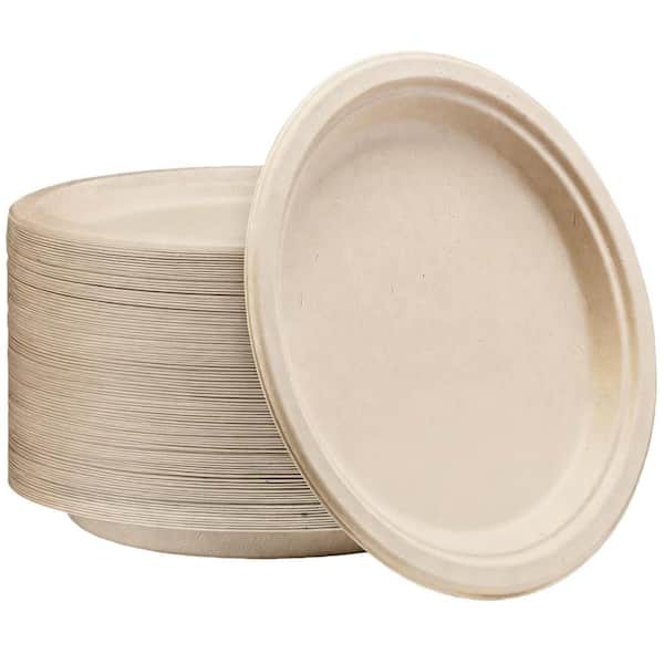 9 in. Disposable Cane Plates with 100% Compostable, Heavy Duty for Kitchen, Dinner and party, Natural Brown (125-Pack)
