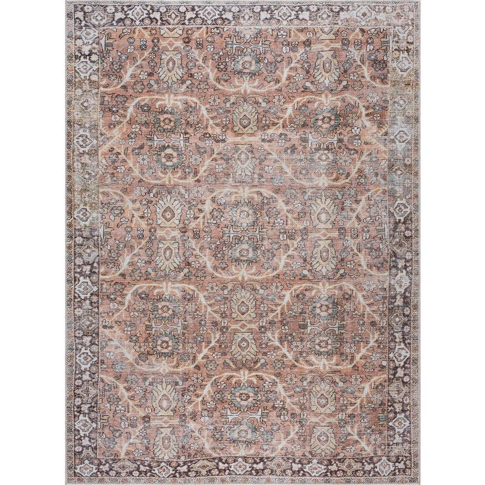 Georgia Collection Bian Machine Washable Area Rug - Oriental Persian Floral Faded Style - Living Room Bedroom Vintage Distressed Carpet - Pet Friendly - Brick Red  Orange  Terra Cotta - 9 2  x 12