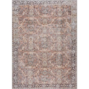 Bian 5 ft. X 7 ft. Peach, Pink, Mustard, Red, Beige, Aqua Floral Distressed Transitional Style Machine Washable Area Rug