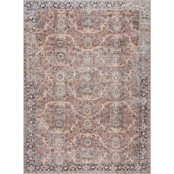 HAUTELOOM Bian 6 ft. X 9 ft. Peach, Pink, Mustard, Red, Beige, Aqua Floral Distressed Transitional Style Machine Washable Area Rug