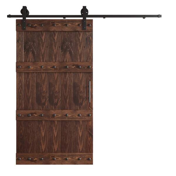 COAST SEQUOIA INC 42 in. x 84 in. Castle Series Embossing Dark Walnut Knotty Wood Sliding Door With Hardware Kit