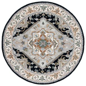 Heritage Gray/Navy 8 ft. x 8 ft. Border Floral Medallion Round Area Rug