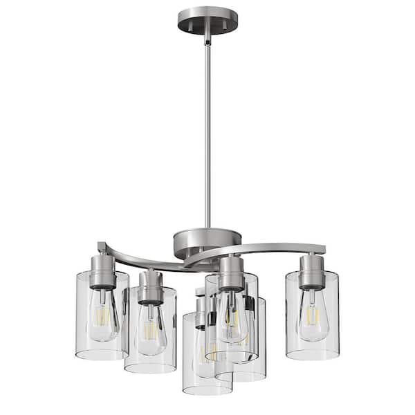 22 in. 6-Light Brushed Nickel Modern Chandelier with Clear Glass Shades
