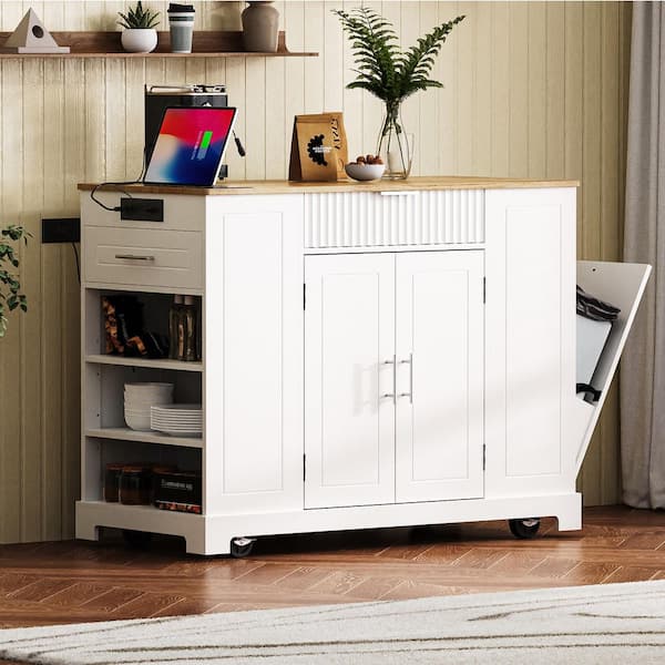 49 in. White Kitchen Cart with Trash Can Storage Cabinet, Power Outlet, Internal Storage Rack
