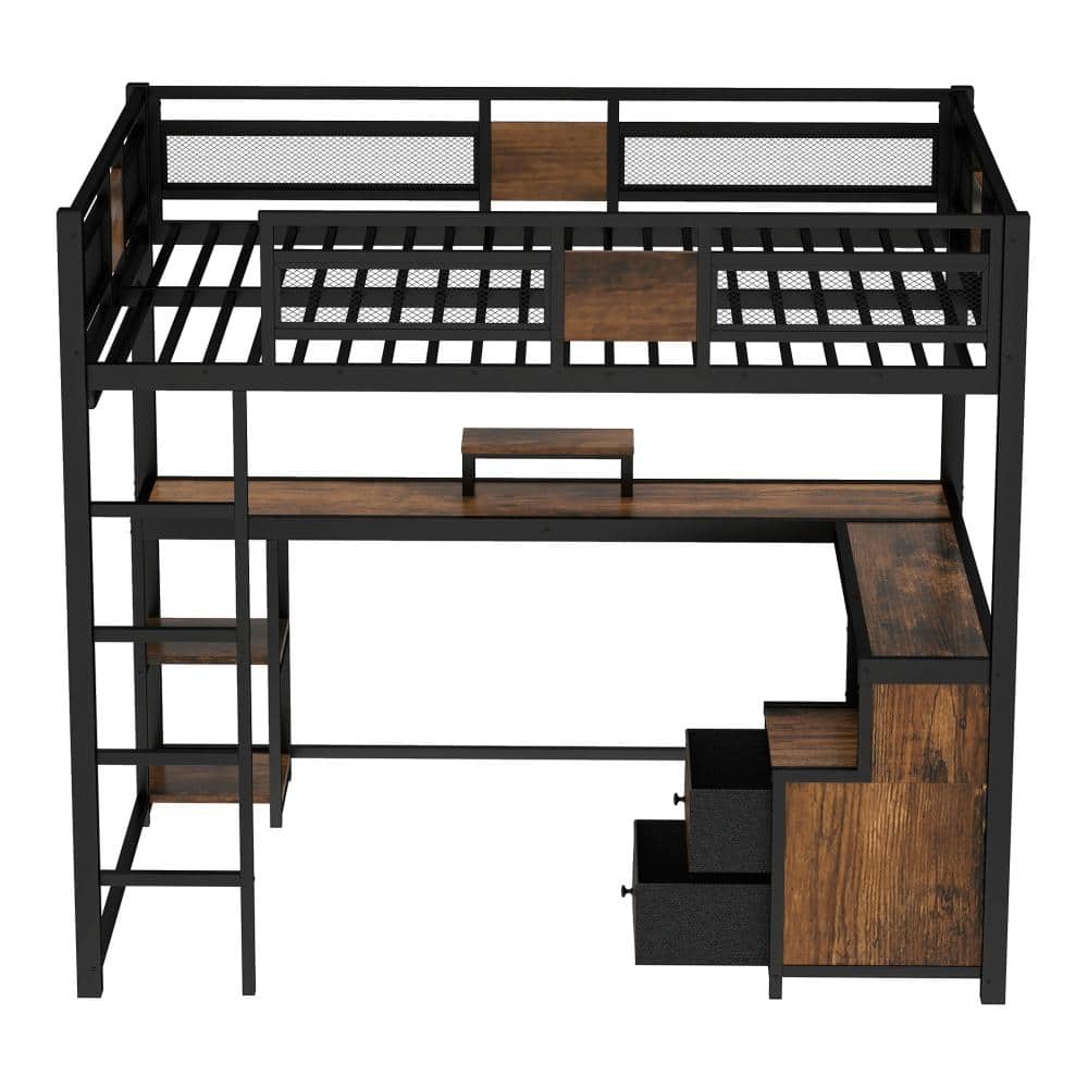 Black Queen Metal Loft Bed with Desk and Non-woven Fabric Drawers, Noise-Free, No Spring Box Needed price history on PriceWatchPro