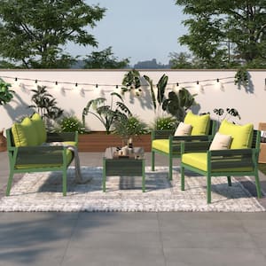 4-Piece Sling Rope Patio Conversation Set with Fluorescent Yellow Cushions, Tempered Glass Table