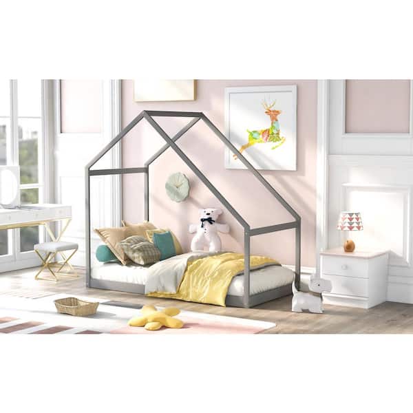 URTR Gray Twin Size House Shape Floor Bed Twin Wood Bed Frame