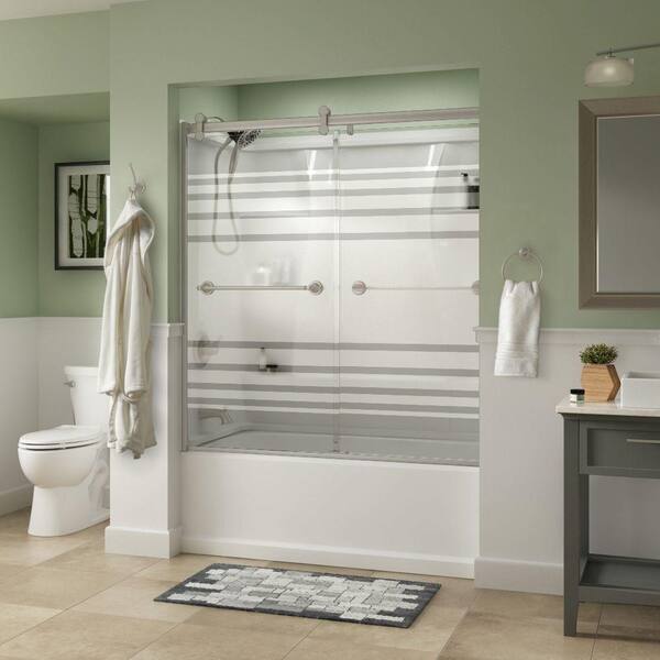 Simplicity 60 x 58-3/4 in. Frameless Contemporary Sliding Bathtub Door in Nickel with Transition Glass Simplicity 60 x 58-3/4 in. Frameless Contemporary Sliding Bathtub Door in Nickel with Transition Glass