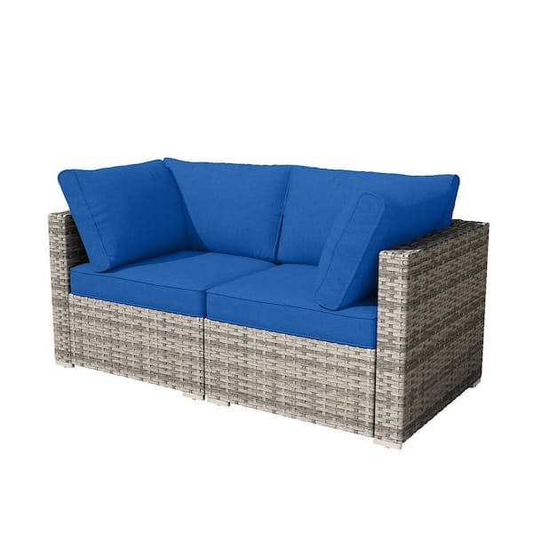 RusticRetreat 2 Pieces Wicker Patio Conversation Seating Sofa Set with Navy Blue Cushions