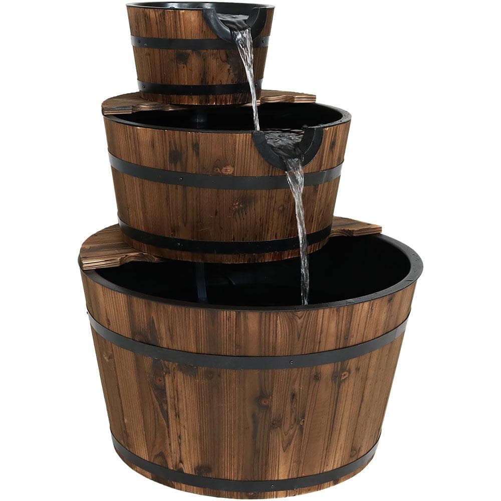 30-Inch Rustic Fir Wood 3-Tier Barrel Outdoor Fountain