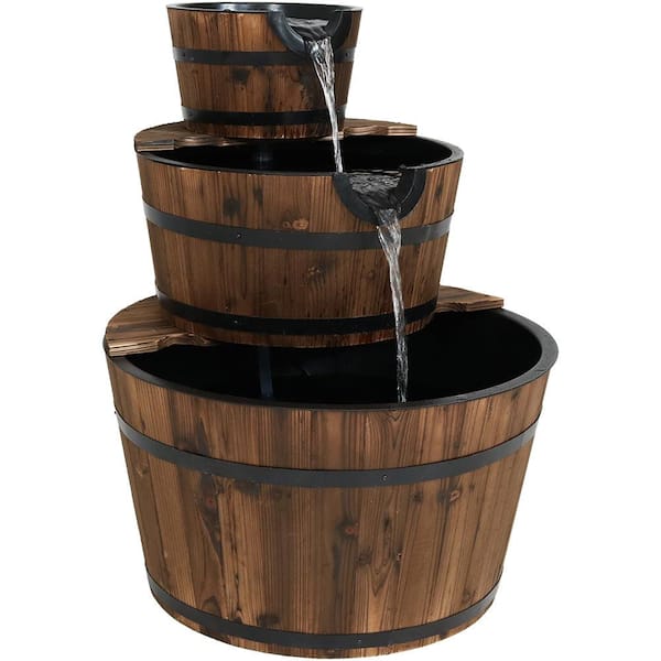 Sunnydaze 30 in. 3-Tier Rustic Wood Barrel Outdoor Water Fountain