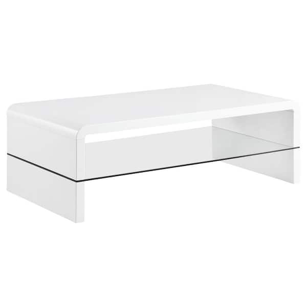Airell 47.25 in. White High Gloss Rectangle Wood Top Coffee Table with Glass Shelf