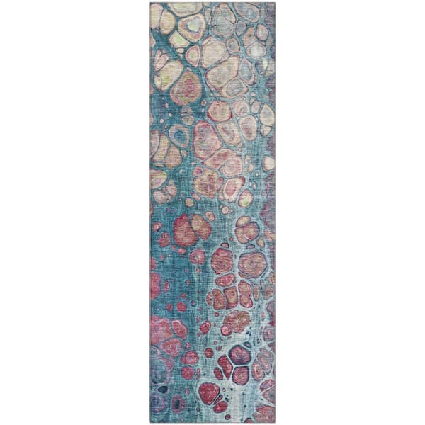 Mayfield Premium Machine Washable Abstract AMF1940 Teal 2 ft. x 7 ft. Runner Rug
