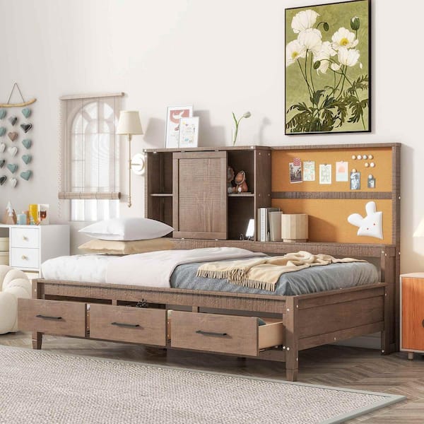 Polibi Wood Twin Size Lounge Daybed with Storage Shelves, Cork Board, USB Ports and 3 Drawers