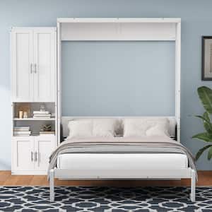 White Wood Frame Queen Size Murphy Bed, Folding Wall Bed with Desktop, USB Ports and Sockets, 1 Side Storage Cabinet