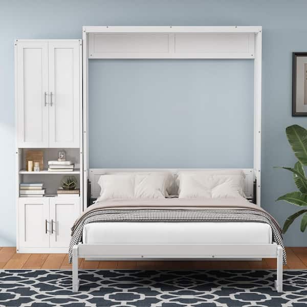 Harper & Bright Designs White Wood Frame Queen Size Murphy Bed, Folding Wall Bed with Desktop, USB Ports and Sockets, 1 Side Storage Cabinet