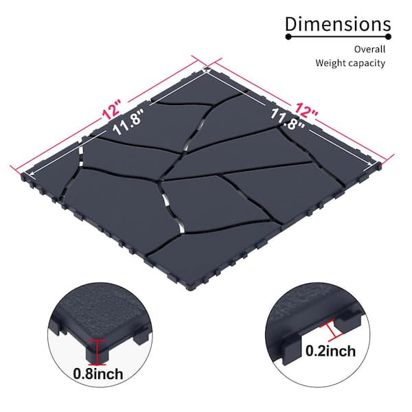12 in. W x 12 in. L Outdoor H Shape Texture Plastic Interlocking Flooring Deck Tiles (Pack of 44 Tiles) in Gray