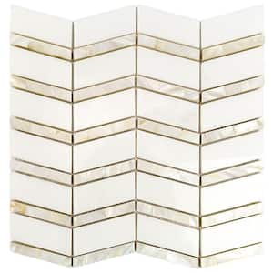 Blazon White Thassos and Mother of Pearl Herringbone 4 in. x 0.33 in. Polished Glass Mosaic Tile Sample