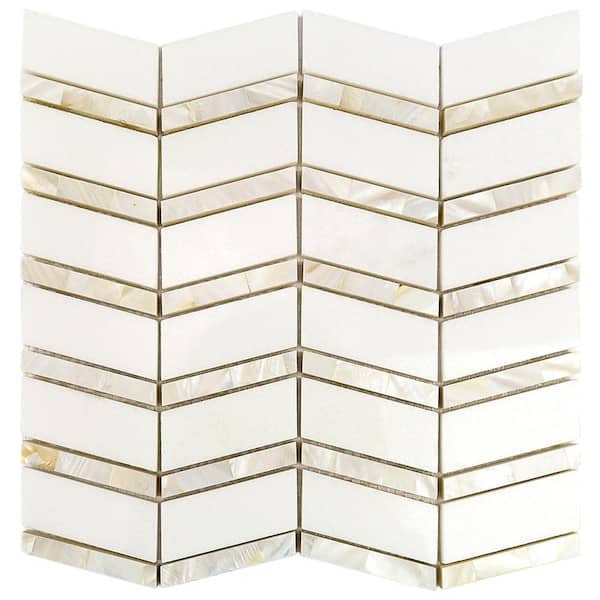 Ivy Hill Tile Blazon White Thassos and Mother of Pearl Herringbone 4 in. x 0.33 in. Polished Glass Mosaic Tile Sample