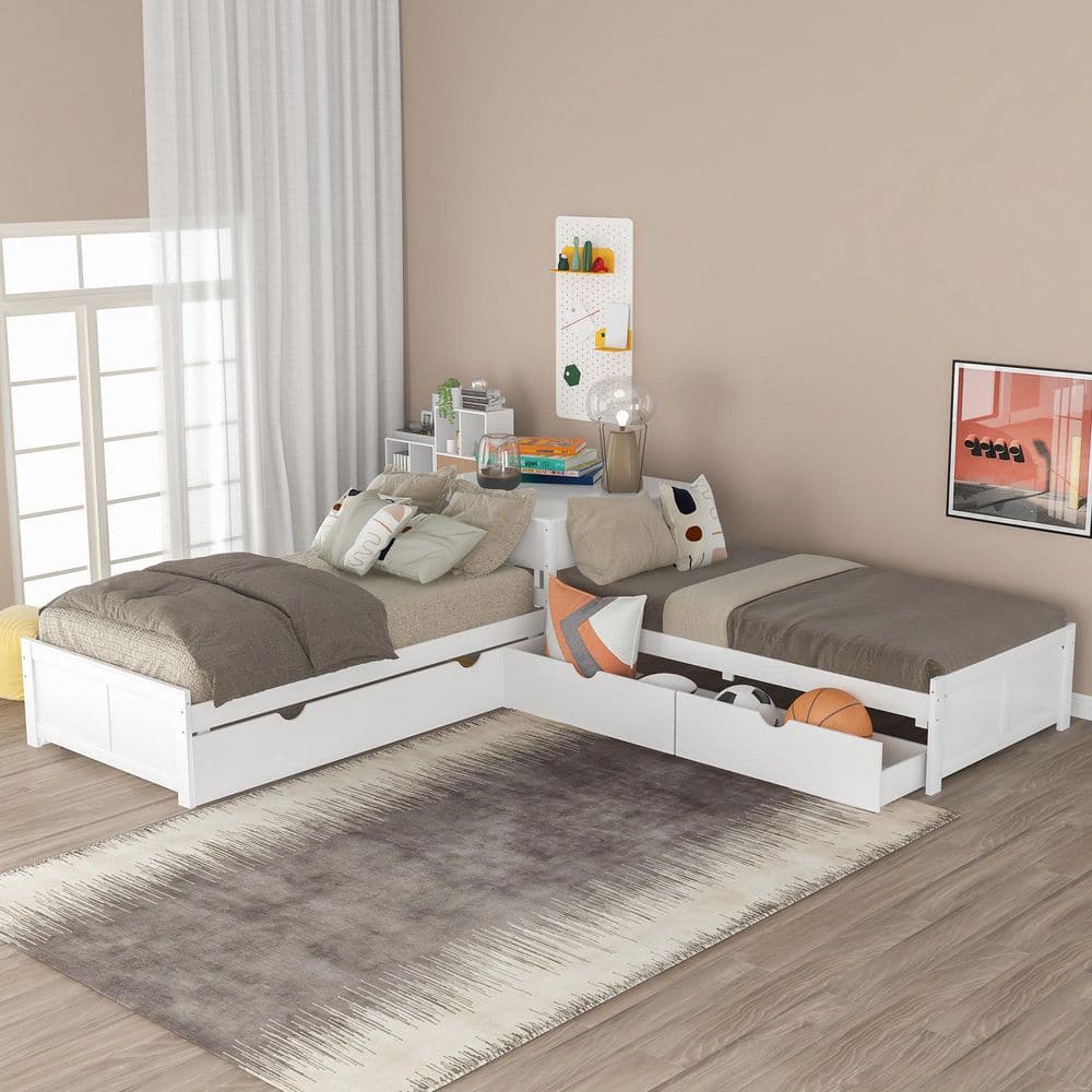 White Wood Frame L-shaped Twin Platform Bed with Trundle and Drawers Linked with Desk price history on PriceWatchPro