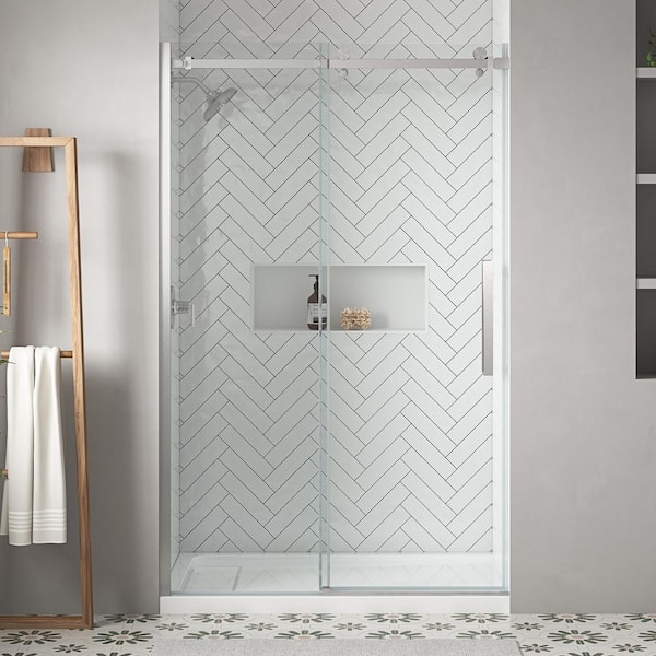 Home Decorators Collection Waverly 46 1/2 in. - 48 in. W x 76 in. H Sliding Frameless Shower Door in Brushed Nickel with Clear Glass