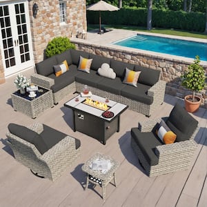 Torino 10-Piece Wicker Outdoor Patio Conversation Sofa Sectional Chairs Set with Metal Fire Pit and Black Cushions