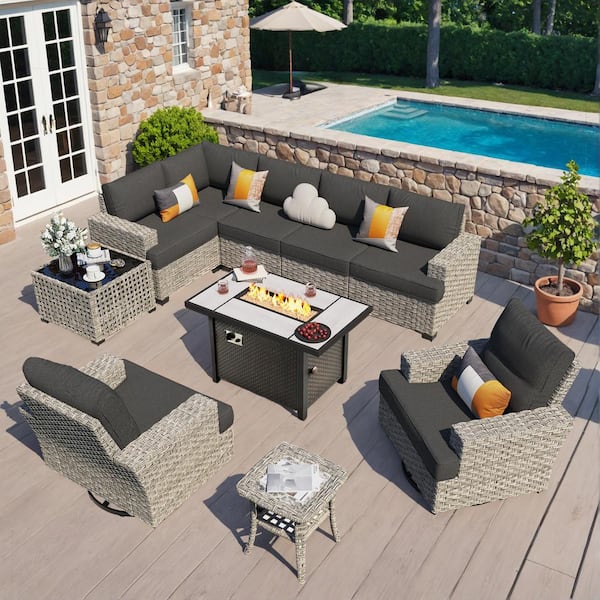 Torino 10-Piece Wicker Outdoor Patio Conversation Sofa Sectional Chairs Set with Metal Fire Pit and Black Cushions