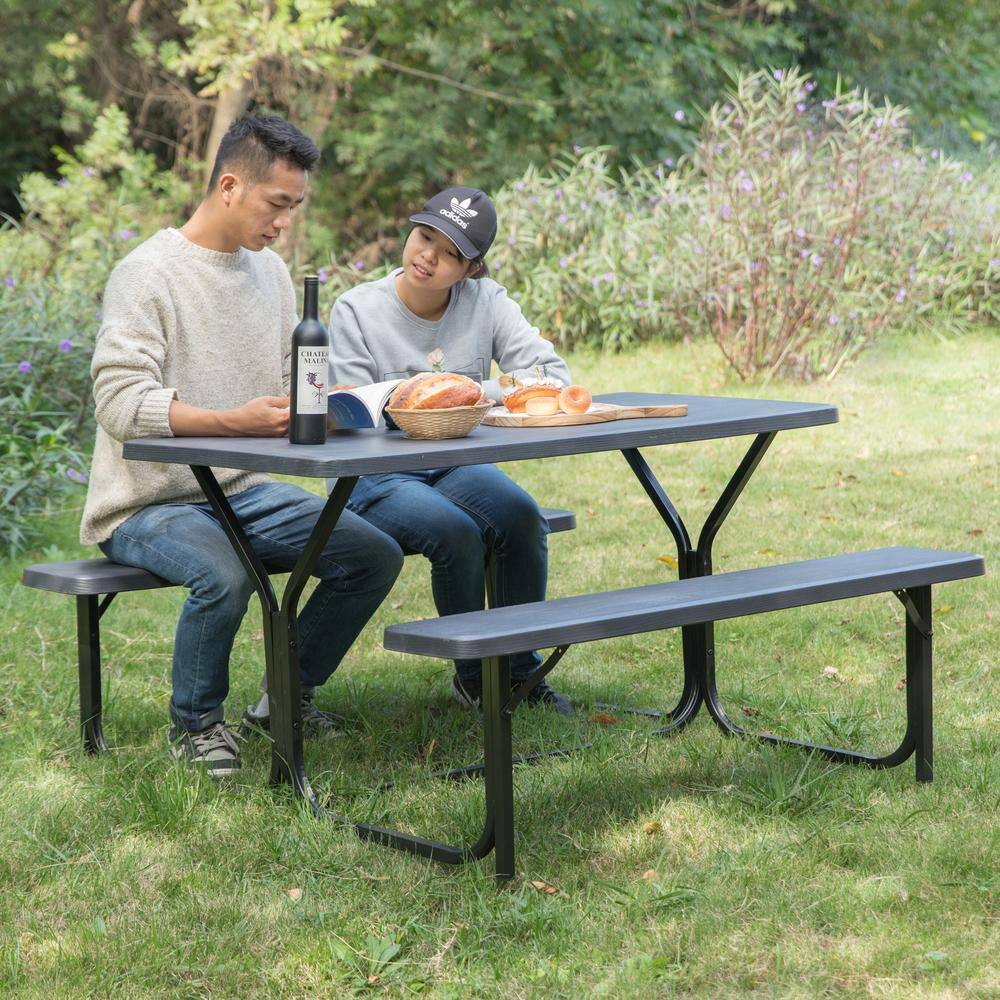 Gray Woodgrain Plastic and Metal Frame Outdoor Picnic Table Set