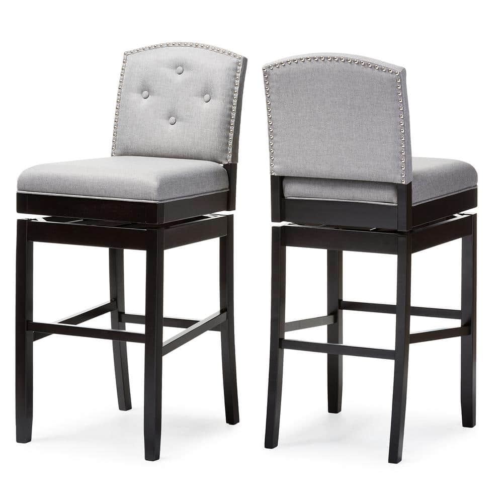 Elegant Gray Fabric Swivel Barstool Set with Button Tufting and Nailhead Trim