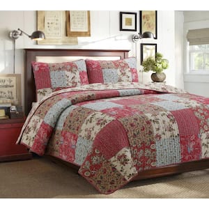 Country Floral Paisley 3-Piece Red Blue Khaki Patchwork Cotton King Quilt Bedding Set