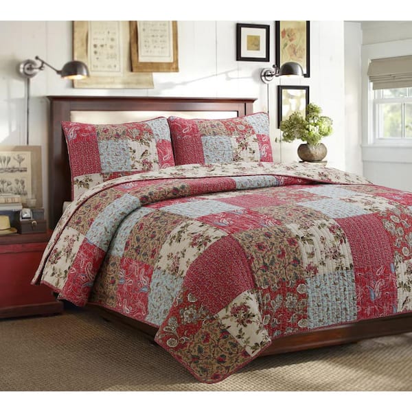 Cozy Line Home Fashions Country Floral Paisley 3-Piece Red Blue Khaki Patchwork Cotton King Quilt Bedding Set