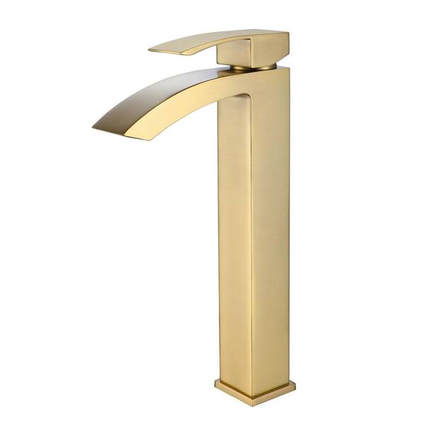 AIMADI Single Handle Waterfall Bathroom Vessel Sink Faucet with Deckplate 1 Hole Brass High Tall Bathroom Taps in Brushed Gold