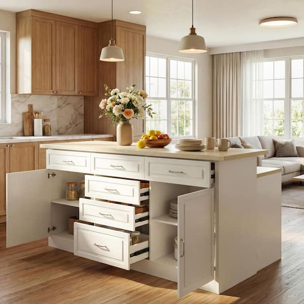 White Wood 78.7 in. W Kitchen Island w/ Power Outlet 6 Drawers and 2 Cabinets Tall CabinetandLow Table for Dual Function