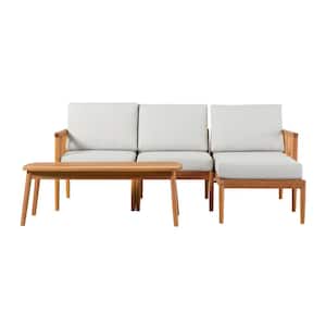 Natural 4-Piece Eucalyptus Modern Spindle Patio Conversation Sectional Seating Set with Light Pewter Cushions