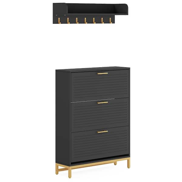 BYBLIGHT Lauren 47 in. H x 31.5 in. W. Black Wood Shoe Storage Cabinet Wall Mount Coat Rack, Shoe Cabinet with 3-Flip Drawers