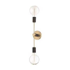 Astrid 2-Light Aged Brass Wall Sconce with Black Accents