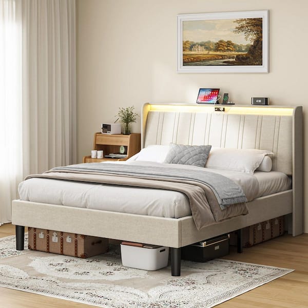 Beige Metal Frame Queen Size Platform Bed with Upholstered Headboard and Wood Slats