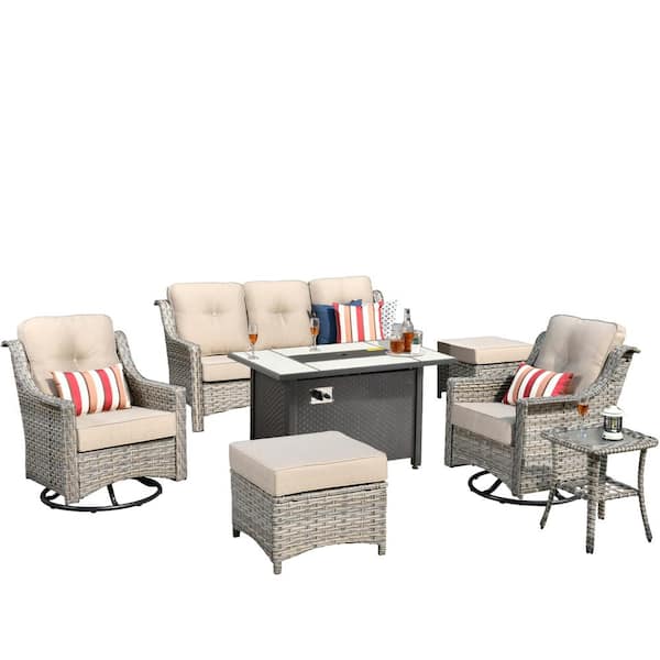 Verona 7-Piece Wicker Outdoor Patio Fire Pit Furniture Conversation Sofa Set with Swivel Chairs and Beige Cushions