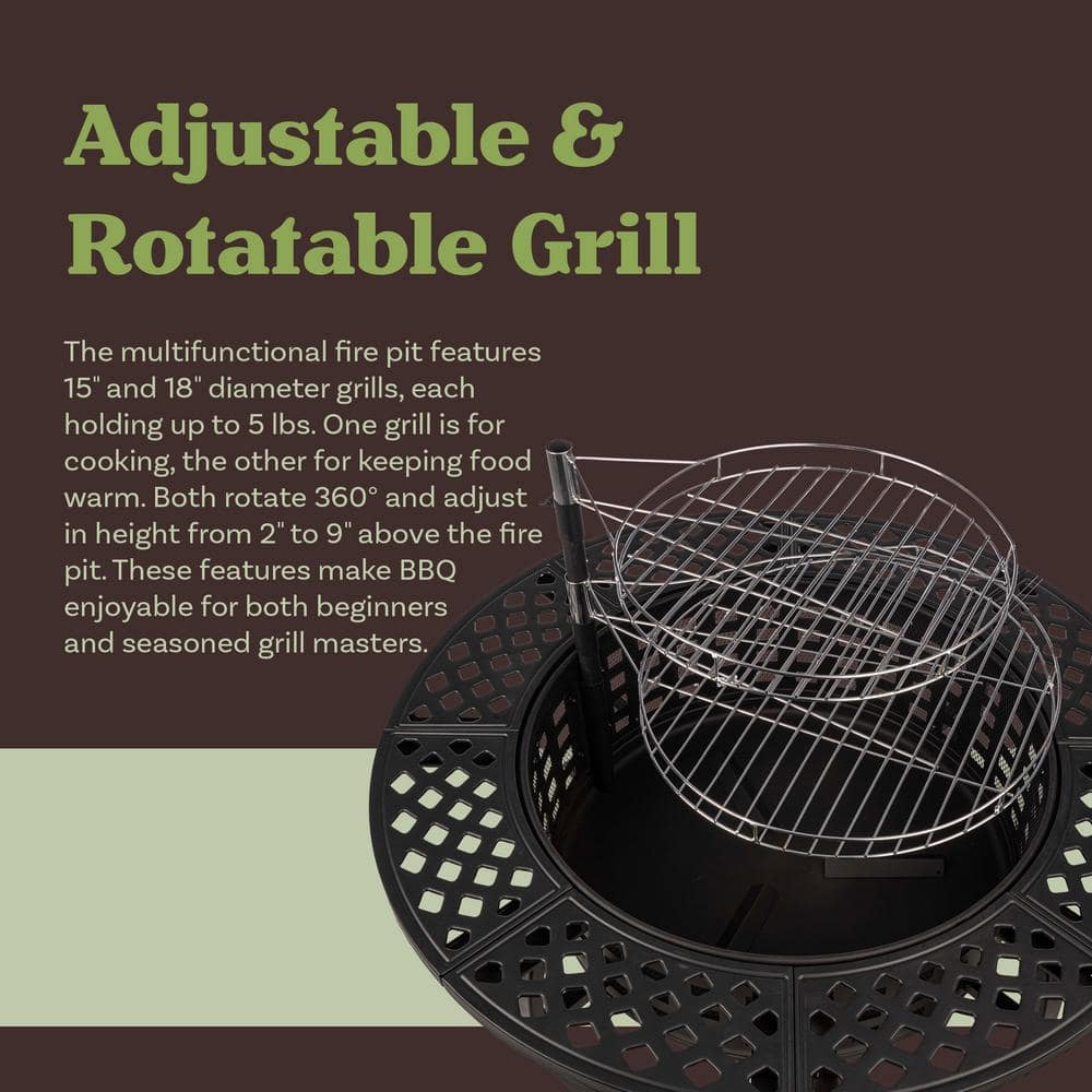 37" Black Steel Round Wood Burning Fire Pit Table with Grills
