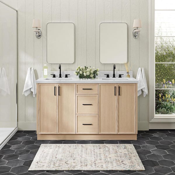 ARIEL Kelly 60 in. Double Sink Freestanding Bathroom Vanity in White Oak with Carrara White Marble Top