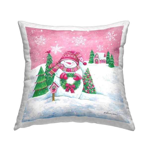 Stupell Industries Winter Snowman and Cottage Pink Abstract Polyester 18 in. x 18 in. Throw Pillow