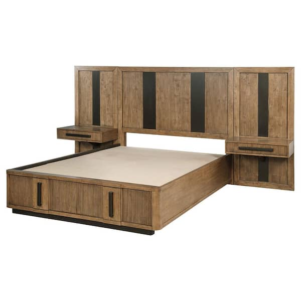 Terrace Ash Brown Wood Frame Eastern King Platform Bed with Wall Panel Storage
