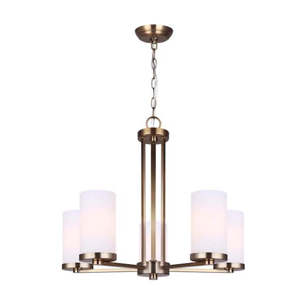 CANARM River 5-Light Gold Chandelier with Opal Glass Shades