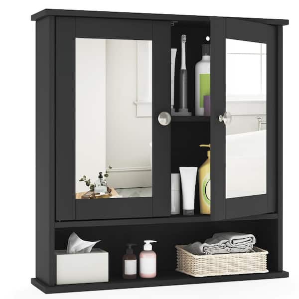 Bathroom Mirror Cabinet, Double-Door Wall-Mounted Medicine Cabinet with Open Shelf, White