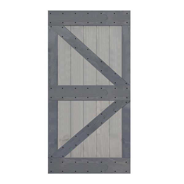 ISLIFE K Style 42 in. x 84 in. French Gray/Dark Gray Finished Solid Wood Sliding Barn Door Slab - Hardware Kit Not Included