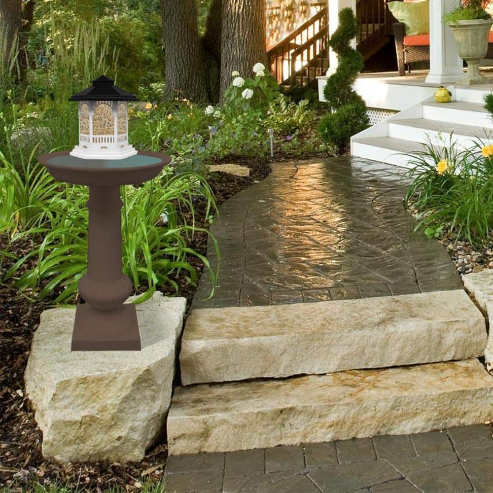 Modern Brown Cast Aluminum Bird Bath and Feeder Combo